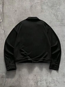 AXEPEAK 男士黑色翻領金屬鈕扣長袖時尚百搭夾克 - 黑色 - 查看 2