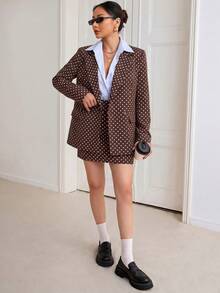 Aveloria Modichic Houndstooth Print Double Button Blazer & Skirt  - Brown - View 6
