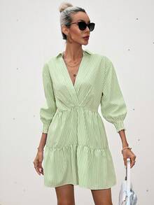 Frievida Striped Print Ruffle Hem Smock Dress Dresses For Women Elegant  - Green - View 7