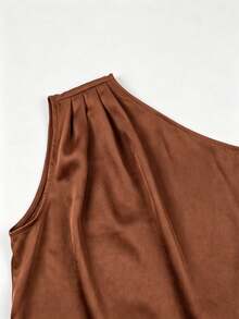 SHEIN LUNE CURVE Plus Size Premium Satin Asymmetrical Shoulder Top, Flattering And Elegant - Brown - View 4