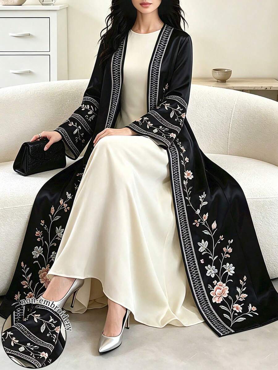 SHEIN Najma 花卉印花優雅阿拉伯式長袍,春秋時尚長袖開襟長外套,阿拉伯風情服飾 - 彩色 - 查看 1