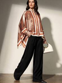 Frievida Women's Commuter Elegant Vintage Color Block Positioned Print Square Scarf Sleeve & Hem Design Long Sleeve Loose Vacation Style Shirt - Multicolor - View 7