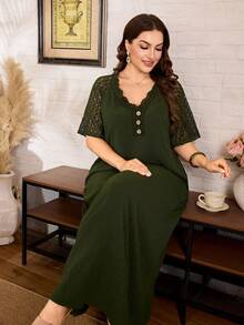 Lacomfia Plus Size Women's V-Neck Lace Trim Embellished Button Decor, 3D Water-Soluble Embroidery Hollow Out Cold Shoulder Short Sleeve Loose Full Skirt Vacation Spring Summer Dress - Army Green - View 6