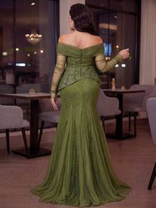 SHEIN Lady CURVE Plus Size Olive Green Winter Elegant Formal Evening Formal Sequin Lace Sheer Off-Shoulder See-Through Sleeve Fishtail Hem Mesh Wedding Gala Party - Army Green - View 2