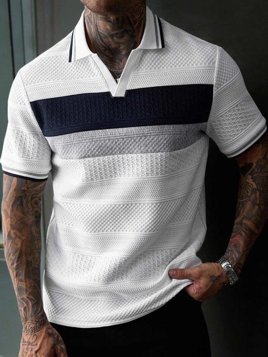 Manfinity CasualCool 男士夏季休閒拼色拼接 Polo 衫 - 白色 - 查看 1