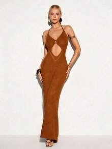 Femmeiva Women's Sexy Solid Color Knit Dress - Brown - View 6