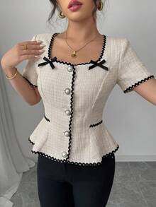 Elenzga Women Square Collar A-Line Bowknot Frill Short Sleeve Blouse, Spring/Summer - Apricot - View 3