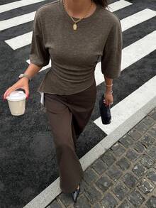 Siren Gaze Women's Solid Color Pleated Casual Versatile Daily Short Sleeve T-Shirt Brunch Dark Brown Summer - Brown - View 3