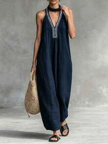 SHEIN Franclia Damen Marineblau V-Ausschnitt Bedruckter Ärmellos Jumpsuit Bohemian Stil Weite Hose Für Strandurlaub - marineblau - Übersicht 3