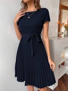 EMERY ROSE Pleated Hem Self Belted Dress - Navy Blue - View 3