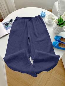 SHEIN CURVE+ Curve 尺码 US22 音乐节、海滨度假、波西米亚风女士夏季休闲沙滩装、时尚商务通勤优雅阔腿裤，带口袋，莲花粉色，夏季长裤/乡村/海滩度假装/沙滩装/沙滩服饰 - 藏蓝色 - 查看 2