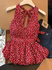 SHEIN Franclia 夏季優雅法式風格女款上衣，內建胸墊，無需穿內衣，波點掛脖設計 - 紅色 - 查看 8