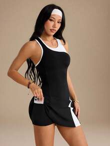 Courtclass Women's Sleeveless Tennis & Golf Athletic Dress - Color-Block Style With Built-In Shorts And Functional Pockets - Black and White - View 7