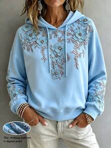 Linhara CURVE Spring/Autumn New Blue Floral Print Casual Daily Plus Size Hooded Sweatshirt - Blue - View 1