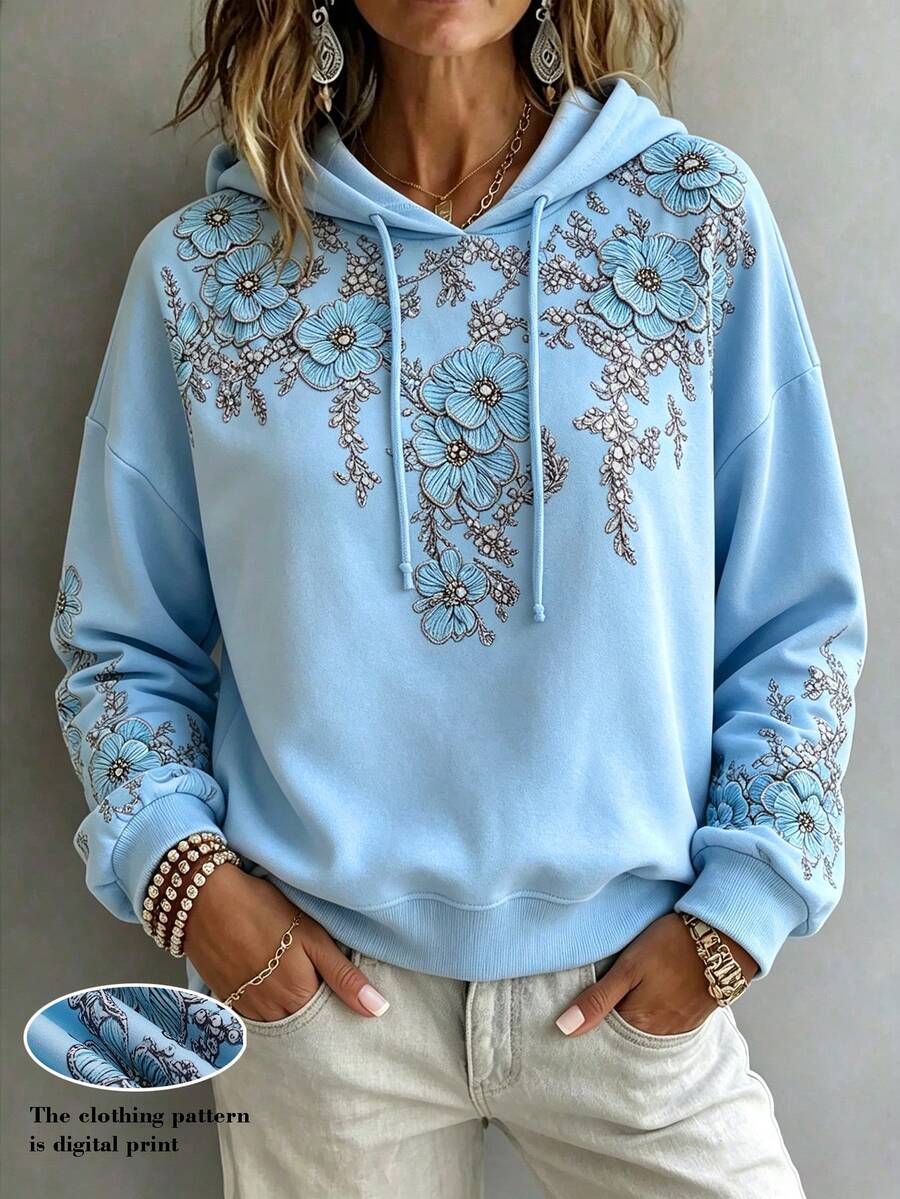 Linhara CURVE Spring/Autumn New Blue Floral Print Casual Daily Plus Size Hooded Sweatshirt - Blue - View 1