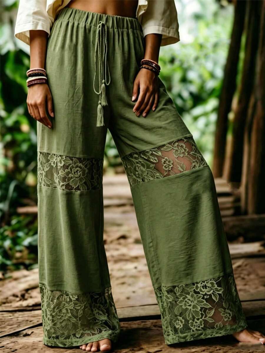 Zayélia 白色彈性腰直筒蕾絲拼接女款休閒長褲 - 軍綠色 - 查看 1