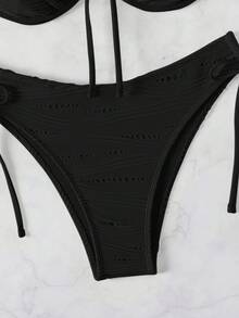 SHEIN Swim 2026春夏黑色特殊面料細肩帶鋼圈聚攏胸部蝴蝶結休閒度假風側抽繩綁帶高衩比基尼兩件套女款 - 黑色 - 查看 6