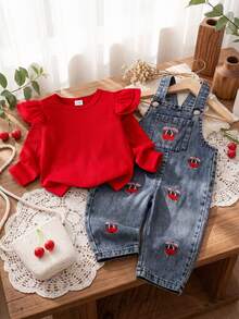 SHEIN Playful Pals Baby Girls 2 Piece Set Autumn Red Long Sleeve Rib Knit Ruffle Top With Cherry Embroidered Denim Overalls Jumpsuit Cute Toddler Infant Fall Clothing - Purple - View 8