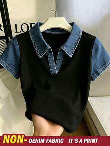 Franclia 女款假牛仔拼接 Polo 領 V 領修身短袖 T-shirt 黑色休閒基本款 - 彩色 - 查看 1