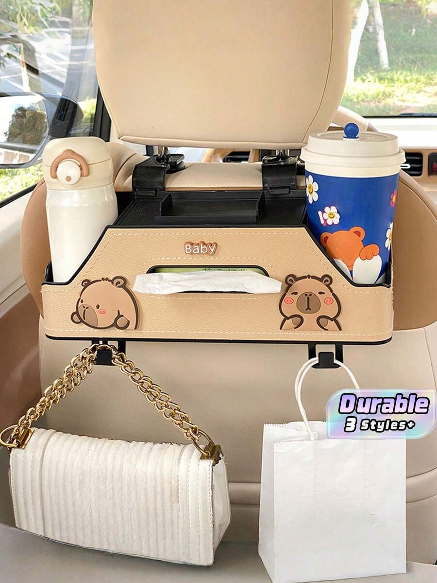 1 buah Organizer Penyimpanan Kursi Belakang Mobil Kartun dengan Tempat Gelas, Slot Tisu & Pengait | Cocok untuk Semua Mobil, Dekorasi Menarik untuk Kendaraan Bertema Panda - A - View 1