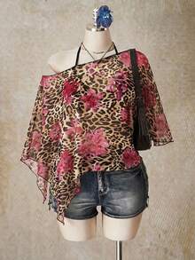 SHEIN ICON Plus Size Women's Leopard & Floral Print Asymmetric Neck Casual Everyday Top - Multicolor - View 3