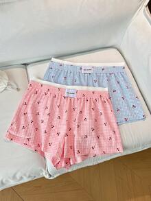 Napfluff CURVE Napfluff CURVE 2pcs Plus Size Women's Plaid Cherry Print Patchwork Shorts Set Night Light Blue Pink Summer - Multicolor - View 5