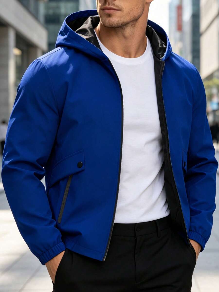 Manfinity Homme Men's Solid Color Long Sleeve Zip-Up Hooded Jacket Hiking Royal Blue Autumn Casual - Blue - View 1