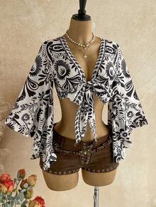 Soleia Women's All-Over Print Knot Front Casual Versatile Daily Travel Shirt - Multicolor - View 5