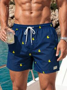 VIVINTIMO Plus Size Men's Cartoon Duck Print Slant Pocket Beach Shorts, Holiday - Navy Blue - View 4
