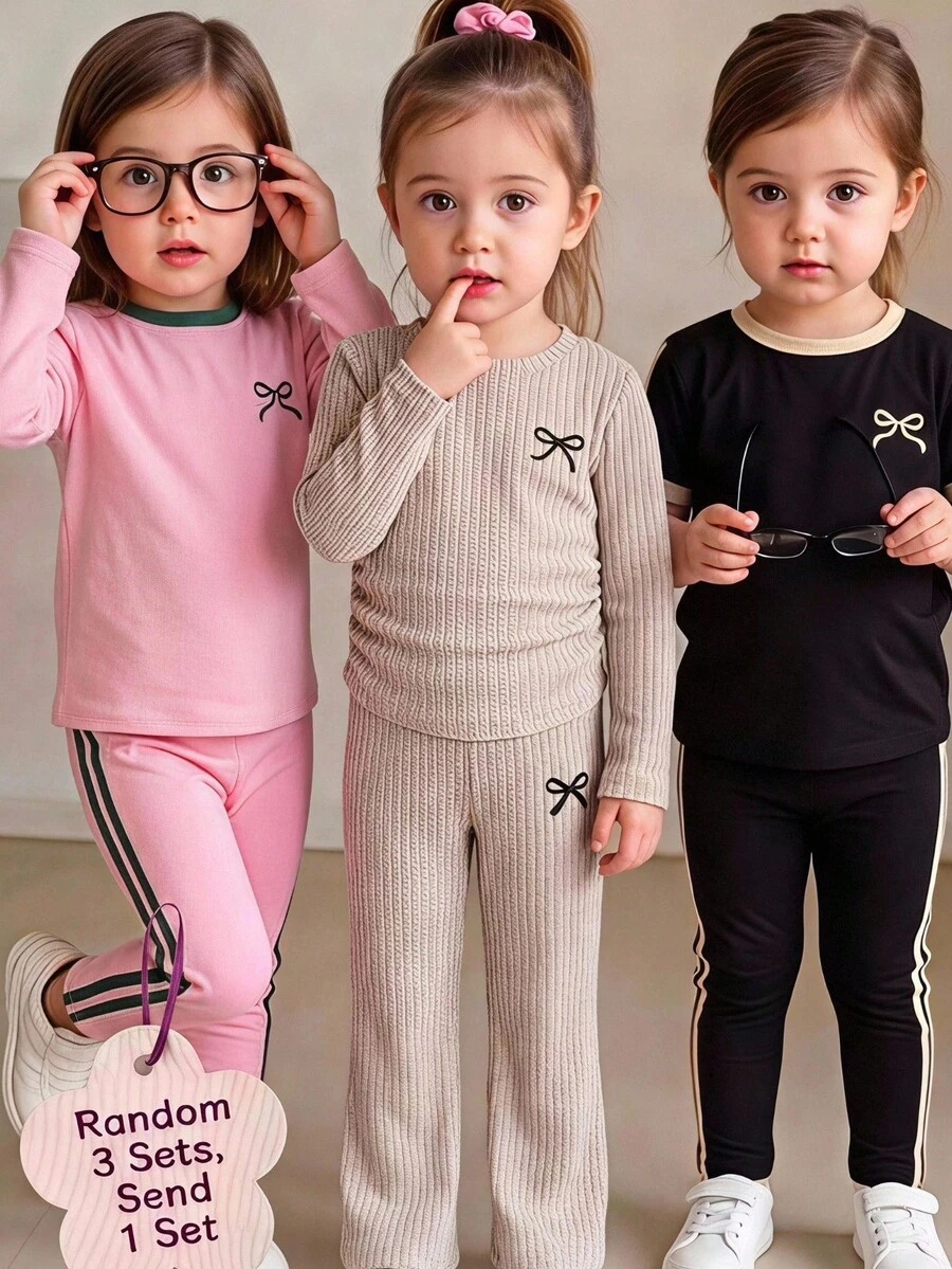 SHEIN Conjunto de 2 piezas para bebé niña de punto color liso versátil con patrón de lazo manga larga y pantalones largos gris claro - Multicolor - Ver 1