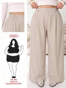 SHEIN CURVE+ 大尺碼休閒優雅條紋長褲，適合辦公正式場合、晚宴、日常、派對，2026秋冬 22W - 杏色 - 查看 8