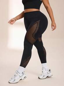 SHEIN Rhythm Era Women's Plus Size Hollow Out Patchwork Sports Leggings - Black - View 3
