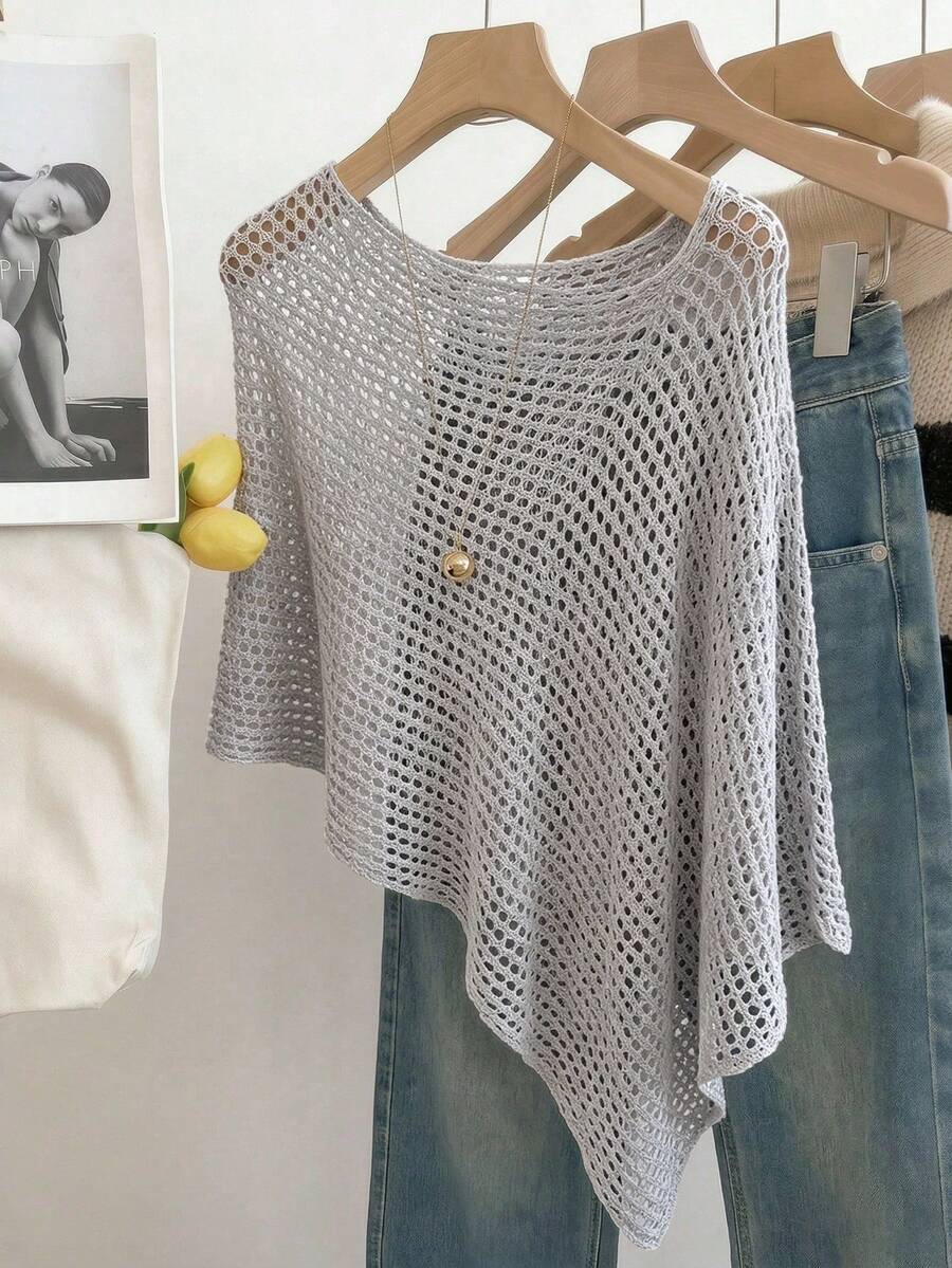 SHEIN Franclia 女款素色鏤空設計不對稱下擺針織衫 - 淺灰色 - 查看 1