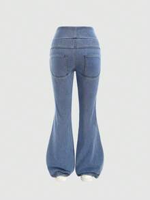 SHEIN Teen Girls Fashion Casual Washed Blue Denim Daily Sports Basic Stretch Slim Fit Yoga Flare Jeans, Pocket Design Soft And Comfortable, Suitable For Daily Wear And All Seasons - Light Wash - View 5
