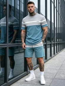 Lornexis Men's Colorblock Short Sleeve T-Shirt And Shorts Casual Daily Outfit - Multicolor - View 3