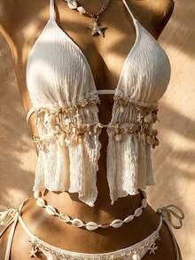 Femesol Women's White Textured Shell Knot Halter Tankini,Boho Summer Bikini Set,Fringe Bathing Suit,Suitable For Holiday,Beach Vacation,Pool Party,Western - Beige - View 6