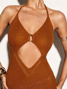Femmeiva Women's Sexy Solid Color Knit Dress - Brown - View 7