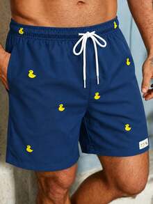 VIVINTIMO Plus Size Men's Cartoon Duck Print Slant Pocket Beach Shorts, Holiday - Navy Blue - View 6