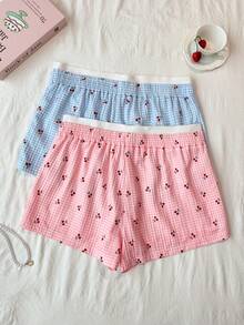 Napfluff CURVE Napfluff CURVE 2pcs Plus Size Women's Plaid Cherry Print Patchwork Shorts Set Night Light Blue Pink Summer - Multicolor - View 2