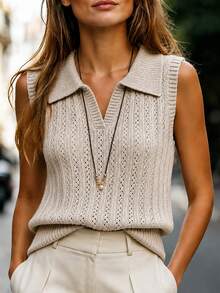 SHEIN Women's Spring/Summer Knitted Vest, Thin Hollow Out Elegant Casual Polo Collar Top - Apricot - View 1
