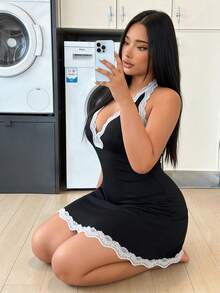 ZzzCrew Women's Lace Trim Sexy Plus Size Backless Nightgown Dress - Black - View 4