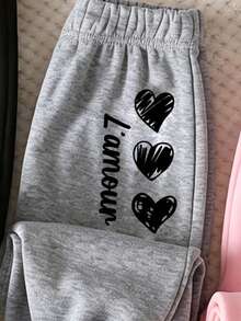 (1 Pc Random) Girls' Fresh Minimalist Daily Line Heart Letter Slogan Print Pattern Basic Sweatpants Pink Grey Black - Multicolor - View 3