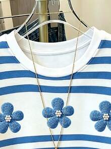 Resyla Women's Simple Floral Striped Print Colorblock Round Neck T-Shirt - White - View 3