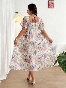 Ceyna Plus Size Women Square Neck Pleated Ditsy Floral Dress Maxi Women Outfit - Yellow - View 2