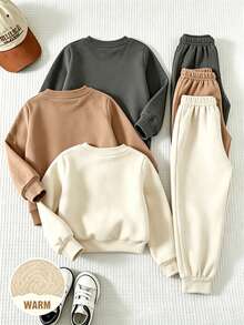 SHEIN 3套裝 男童冬季抓絨內裡運動衫套裝 卡其色字母印花 寬鬆羅紋袖口 上衣與長褲 秋季校園簡約穿搭 - 彩色 - 查看 2