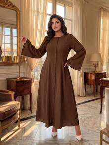 SHEIN Lady CURVE Plus Size Chocolate Brown Autumn Modest Tea Party Dress For Women,Elegant Bell Sleeve Button Front Flared Hem Retro Waist A-Line Casual Office Dress - Brown - View 4