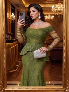 SHEIN Lady CURVE Plus Size Olive Green Winter Elegant Formal Evening Formal Sequin Lace Sheer Off-Shoulder See-Through Sleeve Fishtail Hem Mesh Wedding Gala Party - Army Green - View 4