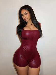 Slaydiva Women's Burgundy Leopard Print PU Square Neck Sleeveless Slim Fit Mini Bodysuit,Summer Club Night Rave Y2K Style,Elegant Party Wedding Streetwear - Burgundy - View 2