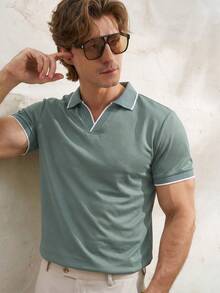 TONEVAULT Men's Colorblock Casual Commute Short Sleeve Polo Shirt - Olive Green - View 2