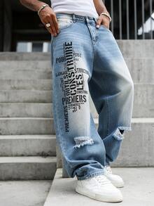 GALLERY FADE Men's Light Wash Wide Leg Jeans, Street Style Letter Print Distressed Long Pants, Casual Wide Leg Ripped Jeans - Blue - View 8